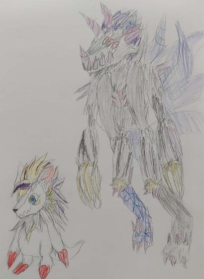 A drawn picture of a Herissmon and beside it a Rasenmon (Fury mode); the Herissmon has purple streaks in its quills.