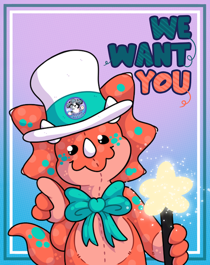 Dinosaur Character pointing at the viewer and holding a baton. Text reads "We Want You!"