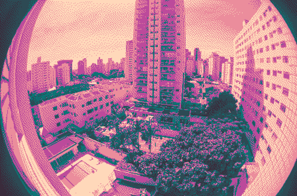 a fisheye-lens picture looking out a building window into a cityscape, dithered into a pink and green palette