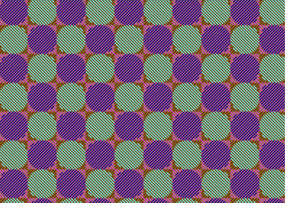 A late midcentury-ish never-show-a-stain public transit textile design, in a checkerboard style. Each cell has a square described by diagonal stripes, with a circle on top described by diagonal stripes at right angles. The background is olive. One set of cells is aqua circles on maroon squares; the other is navy circles on fuchsia squares.
