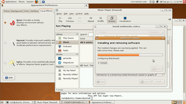 Screenshot from Ubuntu 8.04 LTS (GNOME 2), installing gstreamer packages to play MP3 audio