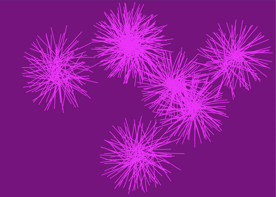 Six organic, fuchsia shapes in a purple field. They resemble dandelion seeds, or fireworks, or maybe jellyfish. Each one has many seemingly hand-drawn lines radiating outwards from a rough centre.