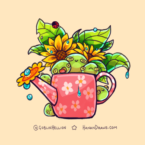 Coloured little cute illustration of a bunch of small green frogs or slimes (they are fairly minimalistic for frogs, as they only have eyes and a mouth), sitting on and around a pink flowery watering can, with some yellow flowers and some green leaves are behind them. A little ladybug sits on top of one of the leaves. They all look content!