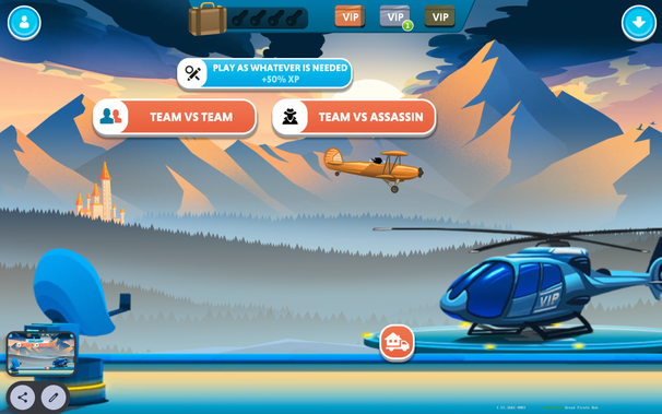 A cartoon scene with a satellite dish in the lower left, a high-tech helicopter in the lower right, a castle in the distance, and mountains beyond, all rendered in pastels. In the middle is a yellow biplane flying through the scene. There are also buttons and status information for a game overlaid.
