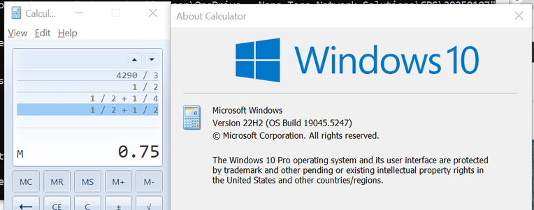 Scfreen shot of MS Windows 10 calculator doing 1 /2 + 1 /2  and getting 0.75 NOT 1.0 - Not the PEMDAS order of evaluation. Doing it just left to right.
