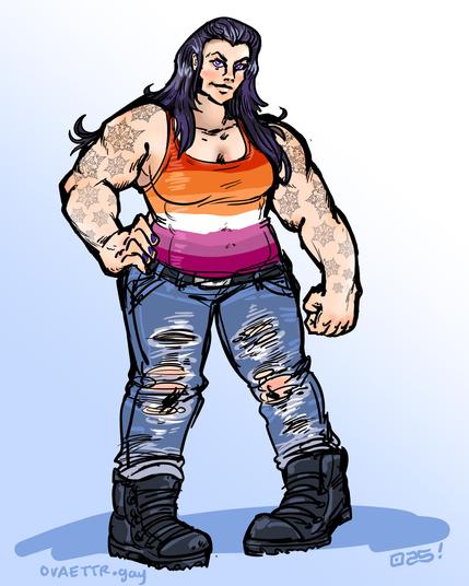 A 7 foot tall Asgardian woman with snowflake tattoos all the way down her arms starting at her shoulders. She is wearing a sunset lesbian flag tank top, torn up pale blue jeans, and combat boots. She also has long black hair down to her mid back.
