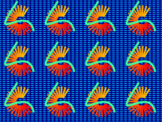 A blue "fabric" has a repeating pattern with yellow-orange rays in an arc and a green swoopy bit overlaid on top. It's 80's chic, maybe.