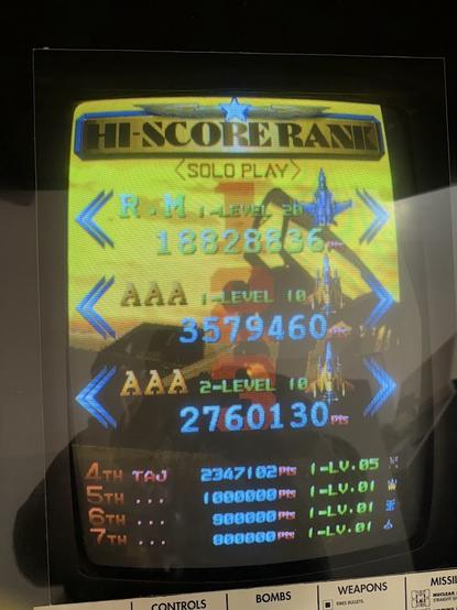 High score table on Raiden Fighters Jet. The top score is by R.M (me) with 18,828,636 points, having reached loop 1 and Simulation Level 20, using the Ixion fighter.