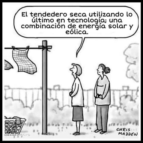 Ilustración. Dos mujeres frente a un tendedero: “El tendedero seca utilizando lo último en tecnología; una combinación de energía solar y eólica”.