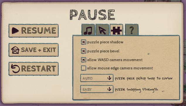 **TL;DR:** Pause menu from a puzzle game with options to resume, save/exit, or restart. Settings adjust puzzle piece visuals and controls.

**Description:**  
The image shows a "PAUSE" menu with three main buttons on the left:  
- **RESUME** (triangle play icon),  
- **SAVE + EXIT** (envelope icon),  
- **RESTART** (curved arrow icon).  

On the right are four toggle buttons (music note, sound, puzzle piece, question mark) and detailed game settings:  
- **Puzzle piece shadow** (unchecked).  
- **Puzzle piece bevel** (unchecked).  
- **Allow WASD camera movement** (unchecked).  
- **Allow mouse edge camera movement** (checked).  

Dropdown menus:  
- **Puzzle piece pickup snap to cursor:** AUTO.  
- **Puzzle snapping strength:** EASY.  

The menu has a hand-drawn style with soft beige and purple tones.