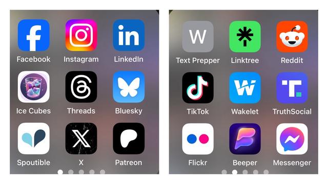 A smartphone screen displaying two groups of social media and app icons. The left group includes Facebook, Instagram, LinkedIn, Ice Cubes, Threads, Bluesky, Spoutible, and X (formerly Twitter). The right group features Text Prepper