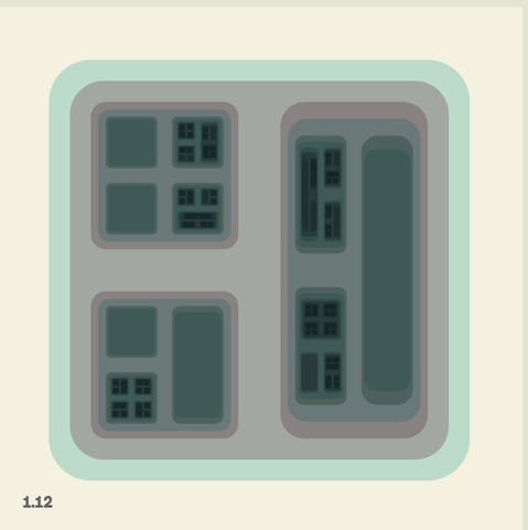 Rounded boxe is divided into darker rounded boxes, giving a feeling of depth and looking not unlike a bento box or the front of the building with recessed windows.
This version in  mixtures of soft greens and reds.