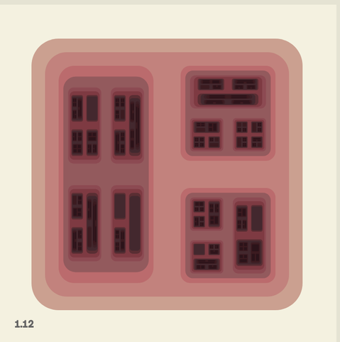 Rounded boxe is divided into darker rounded boxes, giving a feeling of depth and looking not unlike a bento box or the front of the building with recessed windows.
This version in muted reds and oranges.