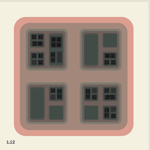 Rounded boxe is divided into darker rounded boxes, giving a feeling of depth and looking not unlike a bento box or the front of the building with recessed windows.
This version in corals and greens
