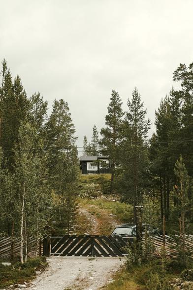 A serene rural scene featuring a small, dark wooden cabin nestled among tall green trees on a slightly elevated hill. The foreground shows a gravel driveway leading to a diagonal-patterned wooden gate, with a parked car visible just behind it. The overcast sky adds a calm and tranquil atmosphere to the setting.