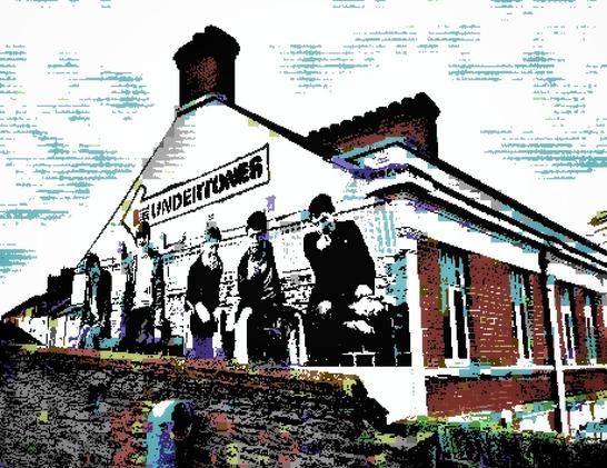 Retro style pixel photograph of a house with a mural dedicated to the music band The Undertones