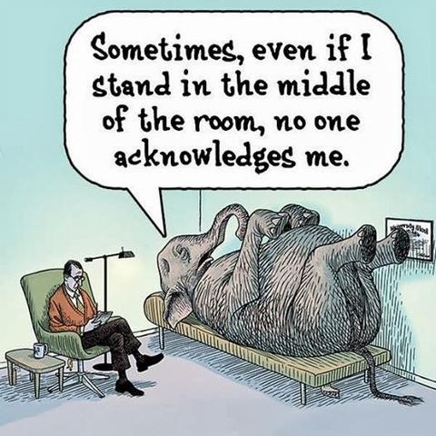 Comic. Shows a big elephant in a room on a psychiatrist's couch, talking to a man with glasses and a red vest, drinking a cup of coffee, wearing dress shoes.

There's a black swingarm lamp behind the head of the psychiastrist's Eames chair.

On the wall behind the elephant is a formal degree of some sort, as you'd see in a doctor's office.

The elephant says 
"Sometimes, even if I stand in the middle of the room, no one acknowledges me."