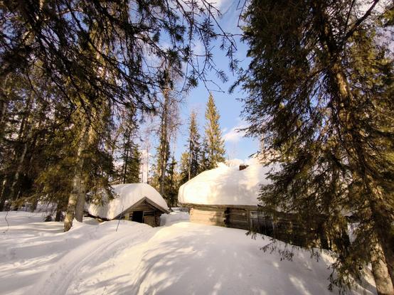 Two rustic log cabins are nestled in a snowy forest. The cabins are covered in a thick layer of snow. Tall evergreen trees surround the cabins, their branches partially obscuring the view. The sky is mostly blue with some clouds visible. The snow on the ground is undisturbed except for a few faint tracks.