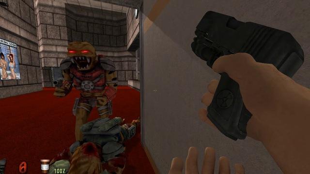 🕶️ An FPS view in which the player - turning a corner and reloading his pistol after shooting a guard - comes face to face with an Assault Captain (an alien monster).

📚️ Duke Nukem 3D is an FPS from the 90s, whose charismatic main character tries to eradicate the aliens that have invaded his city. BuildGDX (gathers several engines including DukeGDX) is a free, multi-platform, single-player / multi-player compatible engine, based on the Build Engine (by Ken Silverman) and the LibGDX framework.