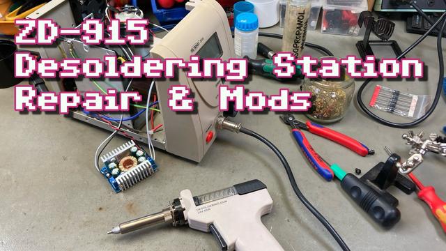 Thumbnail for my video, showing a picture of my ZD-915 desoldering station on my desk with the case lid removed and some modifications. A DC-DC converter board is hanging out the desoldering station on the side. Some tools are scattered around the workbench. The overlayed text reads: "ZD-915 Desoldering Station Repair & Mods".