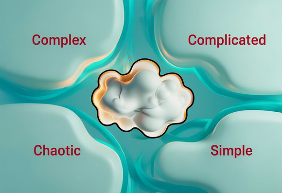 A diagram with four labeled sections, Complex, Complicated, Chaotic, and Simple, arranged around a central cloud-like shape.
