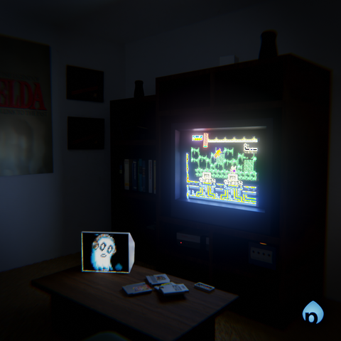 Depiction of a room lit by the glow of a television and LiteBrite