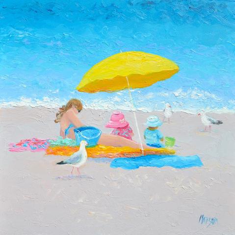 Oil painting of a mother and her two young children enjoying a sunny day at the seaside.  A mother in a blue bikini is reading beneath a yellow umbrella, while a young girl and boy are playing in the sand. Three seagulls are standing by.