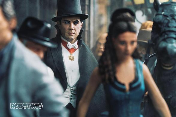 Dracula in a crowded street looks over at his only love