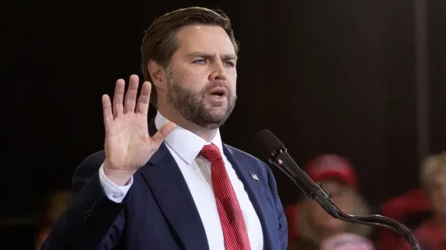 Republican Vice President-elect Sen. JD Vance speaks in Aston, Pa. (AP Photo/Laurence Kesterson)