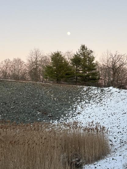 The spillover ditch of the reservoir at Fells’ forest. The browned tall grass still stands tall in the bottom of the pebbled ditch. The right side of it is dusted with snow. There’s a trail around the ditch, and a couple of evergreen trees are framed by the bare deciduous ones along the trail. The white daytime moon is in the warm gray sky above. Scenic and tranquil.