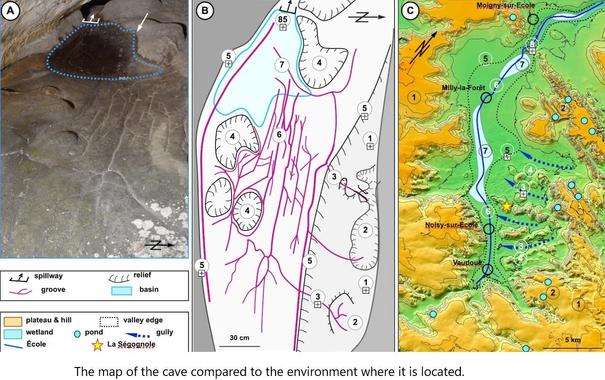 photo, diagram and map - the map of the cave compared to the local environment where it is located