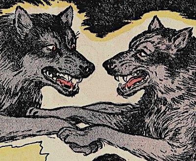 Two wolves from a pulp comic