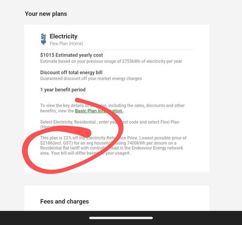 Part of the quote I agreed to for a new Energy Australia plan, showing 22% off the reference price. A red squiggle shows where to look. Apparently, at their end, this shows 21%. I call double BS. Bull Shit and Bait and Switch.