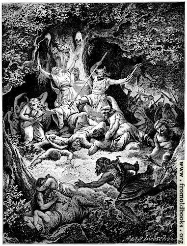 In this 1884 picture by then-popular Czech artist Adolf Liebscher (brother to Karel, who was in charge of the pictures for this book), there is a small clearing in a forest of thick-trunked ancient trees. Aa horned warrior is using a spear to kill a man in a priest’s robe. Another priest leans back against the tree, arms uplifted, either in a dying pose or a supplication to a deity that seems unlikely to intervene helpfully. The linden tree has skills fastened to its trunk, along with carved face-masks, and a small creature that might be an idol stands on a stone altar.