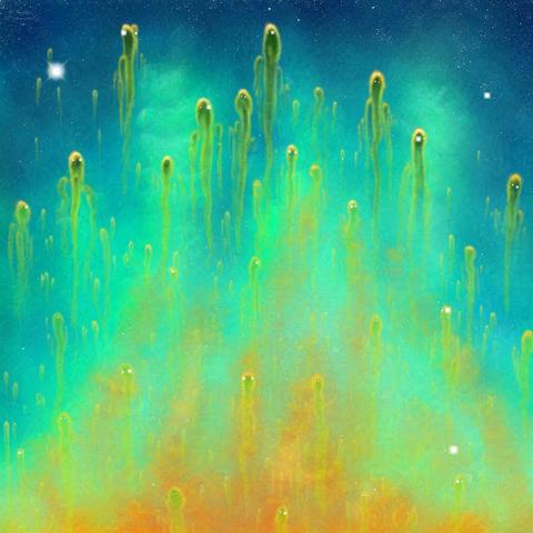 A digital drawing of drop-like, nebulous clouds rising upwards from bright orange to deep green. The drops look vaguely like developing tadpoles with legs and long tails. In the background are more clouds that look like elodea (a type of water plant).