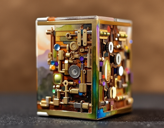 Close up of tiny colorful and intricate cube-shaped music box that plays music for nanobots. Macrophotography style.