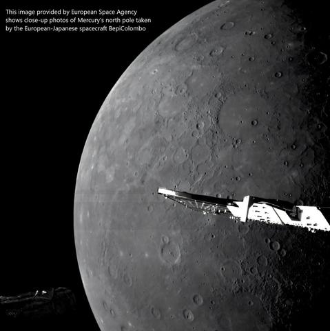 This image provided by European Space Agency shows close-up photos of Mercury's north pole taken by the European-Japanese spacecraft BepiColombo.