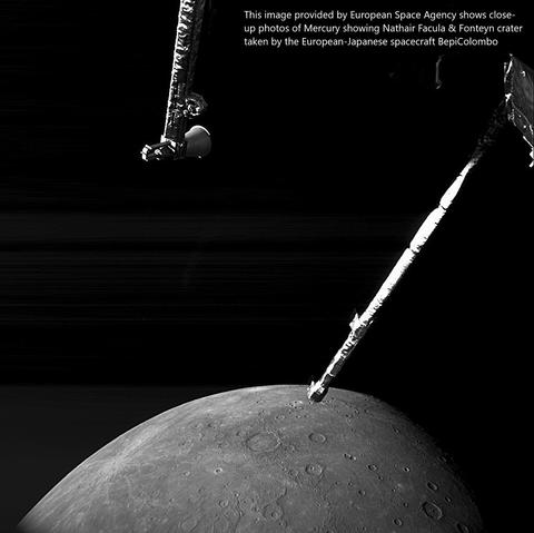 This image provided by European Space Agency shows close-up photos of Mercury showing Nathair Facula & Fonteyn crater taken by the European-Japanese spacecraft BepiColombo.