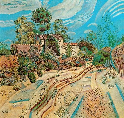 abstract representation of a road in a desert with abstract dry desert plants alongside it and obscuring a villa or hacienda in a spanish or colonial style on one side.  the sky is bright blue with stylized clouds.  it has a dry midday feel