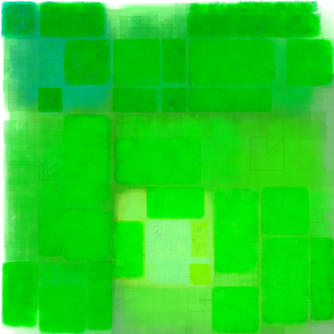 Abstract pattern of rectangles of varying sizes, on a square background.  Most rectangles are shades of green; some are bluish, some yellowish. The pattern contains horizontal and vertical lines that break up the image into successively smaller rectangles. Faint outlines of smaller, notched-square figures can be seen throughout the picture.