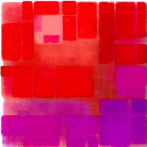 Abstract pattern of rectangles of varying sizes, on a square background.  Most rectangles are shades of red or purple; there is one light-pink square near the upper left-hand corner. The pattern contains horizontal and vertical lines that break up the image into successively smaller rectangles. Faint outlines of smaller, notched-square figures can be seen throughout the picture.