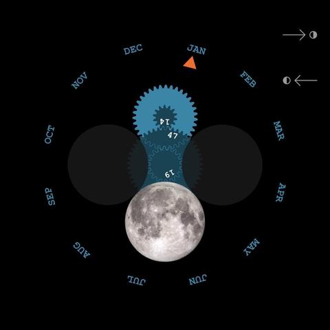 Virtual mechanical moon phase calculator „meton“ showing full moon for jan 13, screenshot.