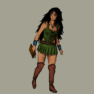 Marika, carrying a book and looking to the side