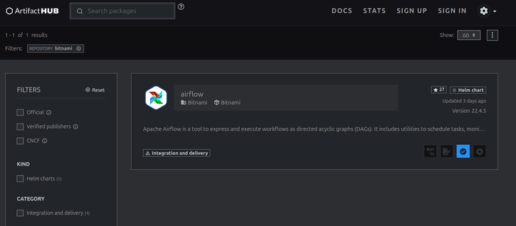 ArtifactHub Page of Bitnami organization, showing only one reamining helm chart.