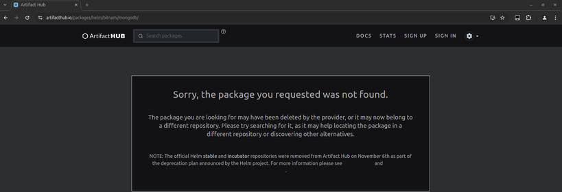 ArtifactHub Page of Helm Chart bitnami/mongodb showing: "Sorry, the package you requested was not found."