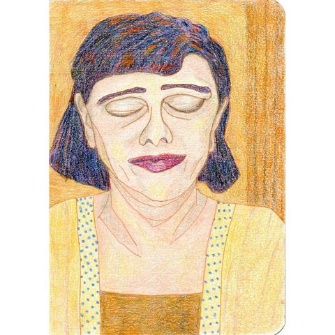 Drawing with colored pencils of a young woman with closed eyes. Yellow collors with a little blue.