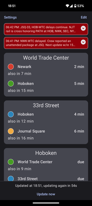 A display of line alerts above train times.