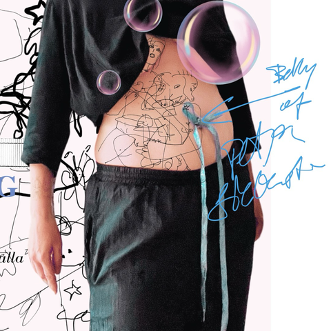 “A selfie of a person with an experimental, raw aesthetic. Accompanied by sketchy, chaotic, and unpolished drawings. The drawings and photo are part of an ironic art project titled ‘Petja Siebenstein’s Gaga Magazine.’ Background elements like bubbles and layout were created using a Canva template.
