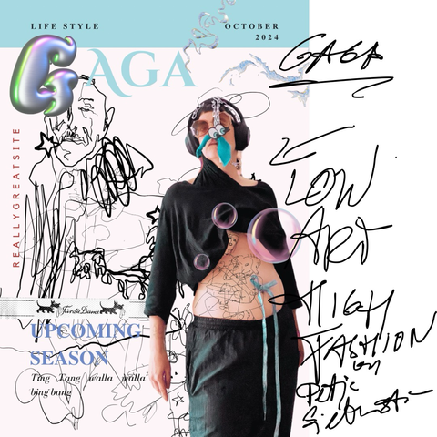 “A selfie of a person with an experimental, raw aesthetic. Accompanied by sketchy, chaotic, and unpolished drawings. The drawings and photo are part of an ironic art project titled ‘Petja Siebenstein’s Gaga Magazine.’ Background elements like bubbles and layout were created using a Canva template.