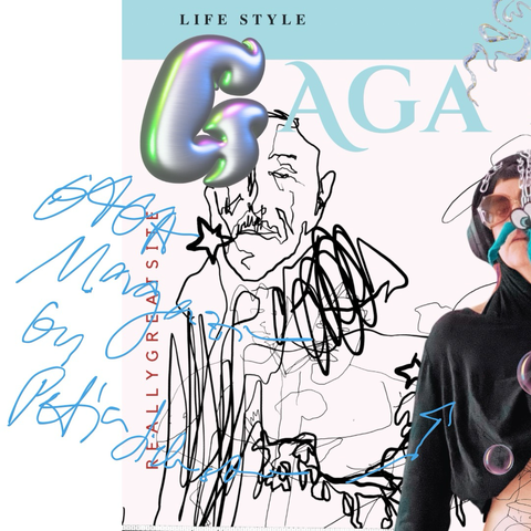 “A selfie of a person with an experimental, raw aesthetic. Accompanied by sketchy, chaotic, and unpolished drawings. The drawings and photo are part of an ironic art project titled ‘Petja Siebenstein’s Gaga Magazine.’ Background elements like bubbles and layout were created using a Canva template.